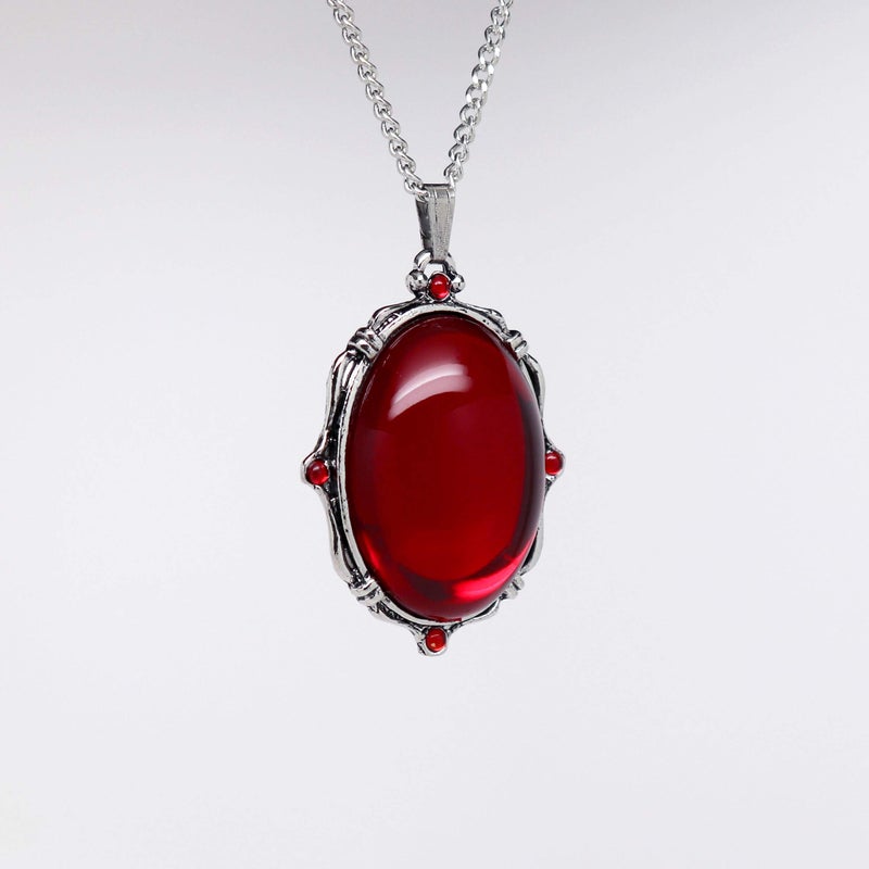 Real Metal Blood Red Oval Stone In Silver Finish Pewter Frame Pendant Necklace - Image 4